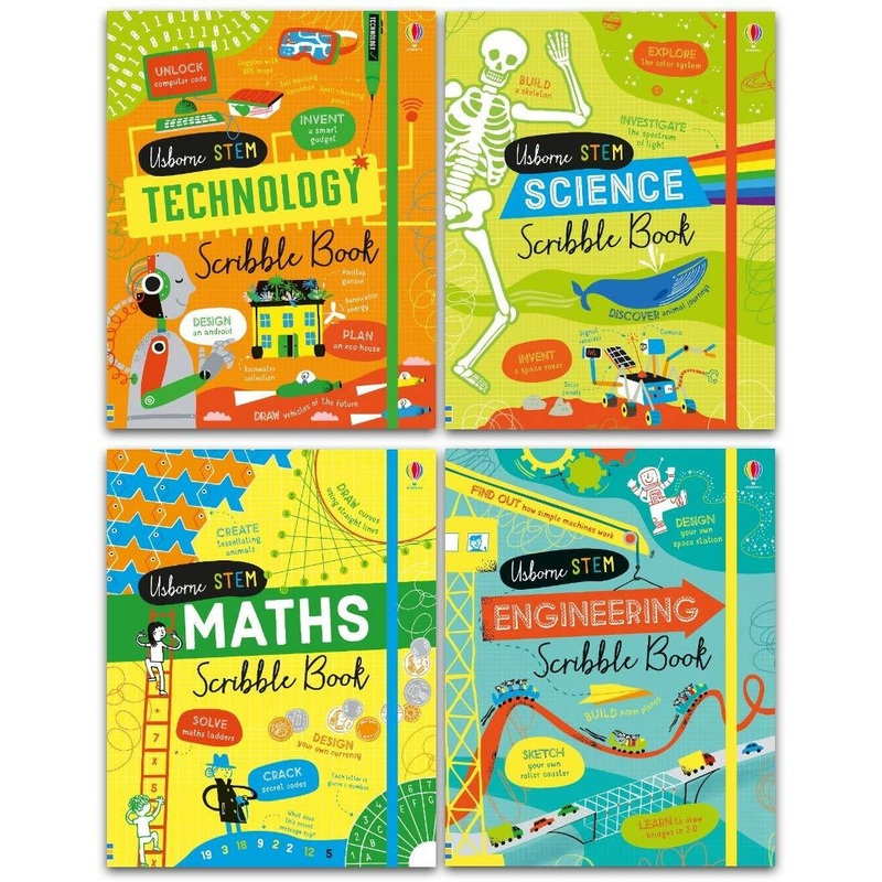 Usborne Stem Series 4 Books Collection Set – Science Scribble Book Technology Scribble Book Engine..