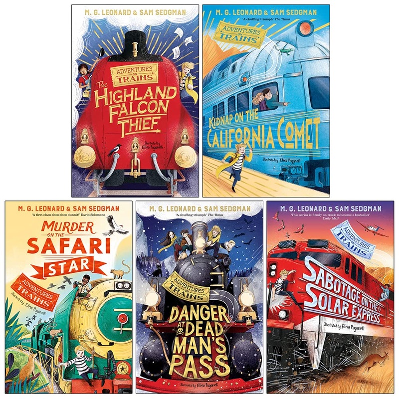 Adventures on Trains 5 Book Set by M. G. Leonard & Sam Sedgman Highland Falcon Thief, California Comet, Safari Star,Mystery Stories for Young Readers