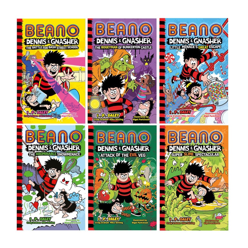 Beano Dennis & Gnasher 6 Book Series by I.P. Daley  Kids Comics Collection | Funny Adventures, School Battles, Evil Veg, Snowmen, Fiction Fun