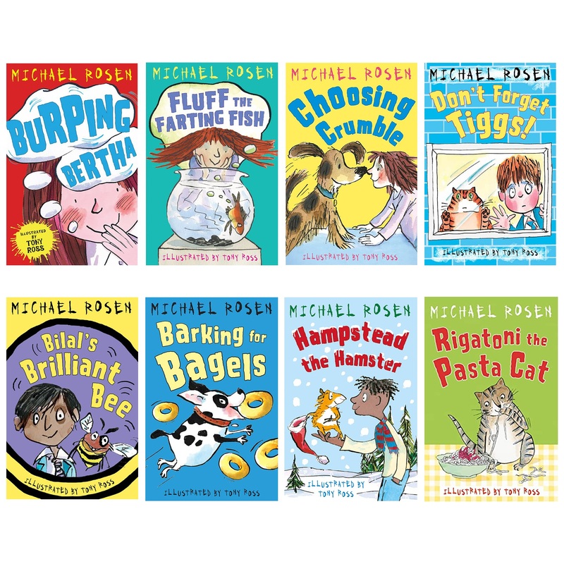 Michael Rosen 8 Books Collection Set (Burping Bertha, Fluff the Farting Fish, Choosing Crumble, Don’t Forget Tiggs!, Bilal’s Brilliant Bee,Barking for Bagels,Hampstead the Hamster & Rigatoni the Pasta Cat)