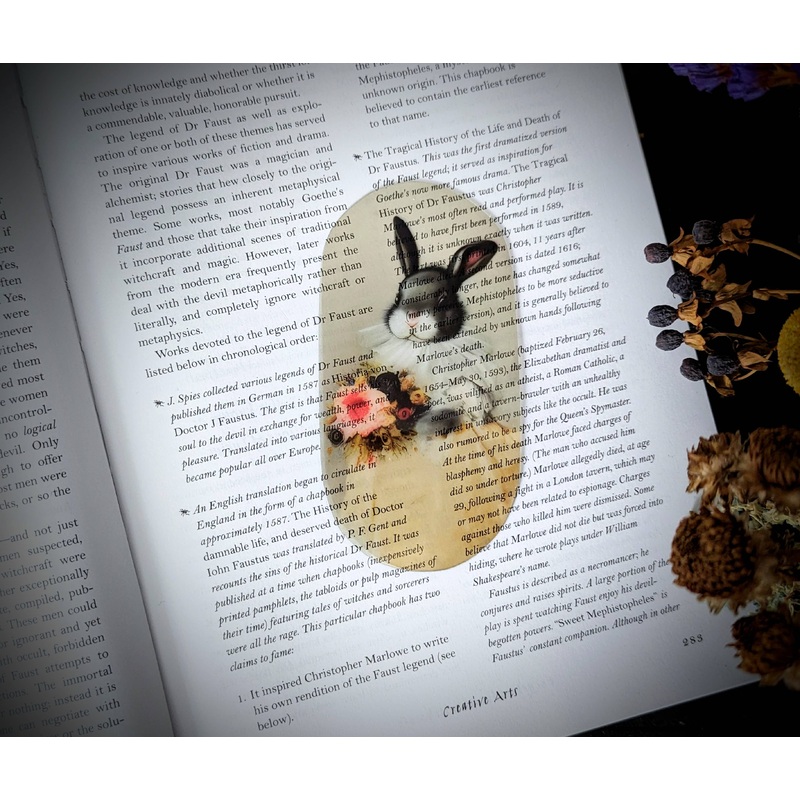 Dark Veinlet – Clear Bookmark – Vintage Rabbit Holding Flowers Illustration